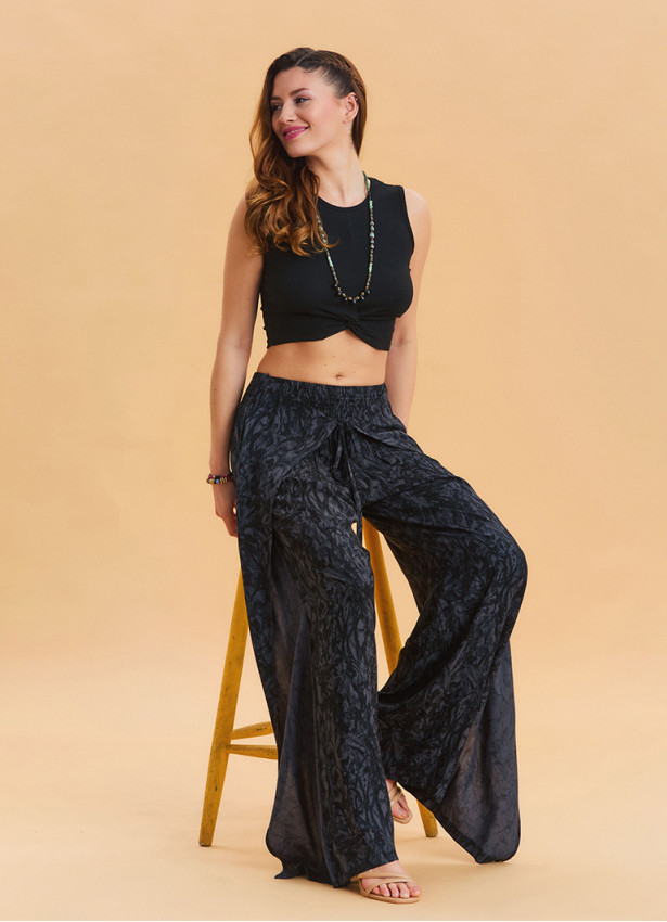 Anthracite Bohemian Trousers with Elastic Waist and Tie Detail 4473